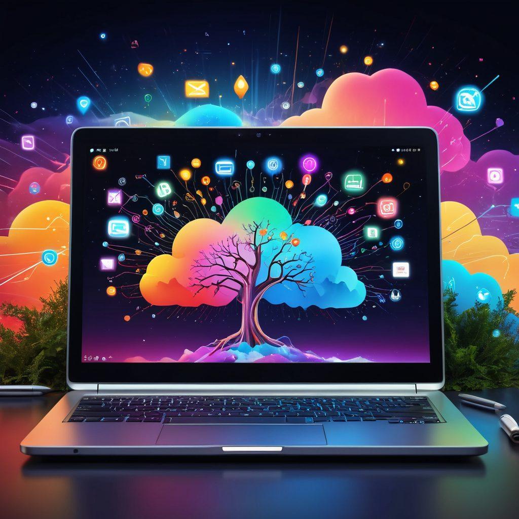 A vibrant digital landscape showcasing an open laptop with a glowing blog interface, surrounded by icons symbolizing creativity and engagement, like pens, light bulbs, and social media graphics. The background features an abstract flow of colorful lines representing data and connectivity, suggesting transformation and growth. Include a dynamic atmosphere with hints of nature, like trees or clouds, merging with technology. super-realistic. vibrant colors. 3D.