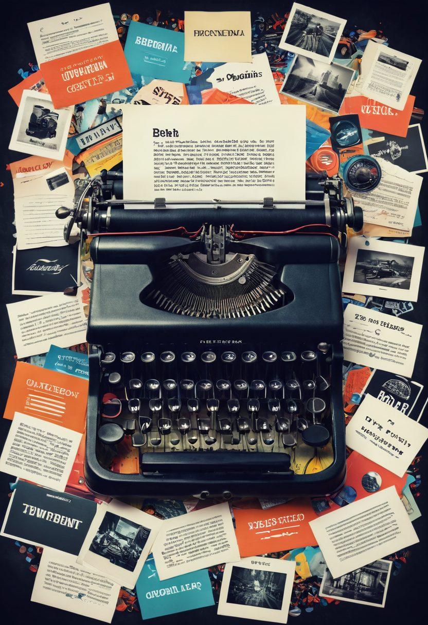 A visually engaging collage representing the evolution of blogging, featuring a vintage typewriter transforming into a modern laptop streaming video content; vibrant streams of data flowing between static posts and dynamic video. The background should showcase a digital landscape filled with icons of social media and content creation tools. super-realistic. vibrant colors. dynamic composition.